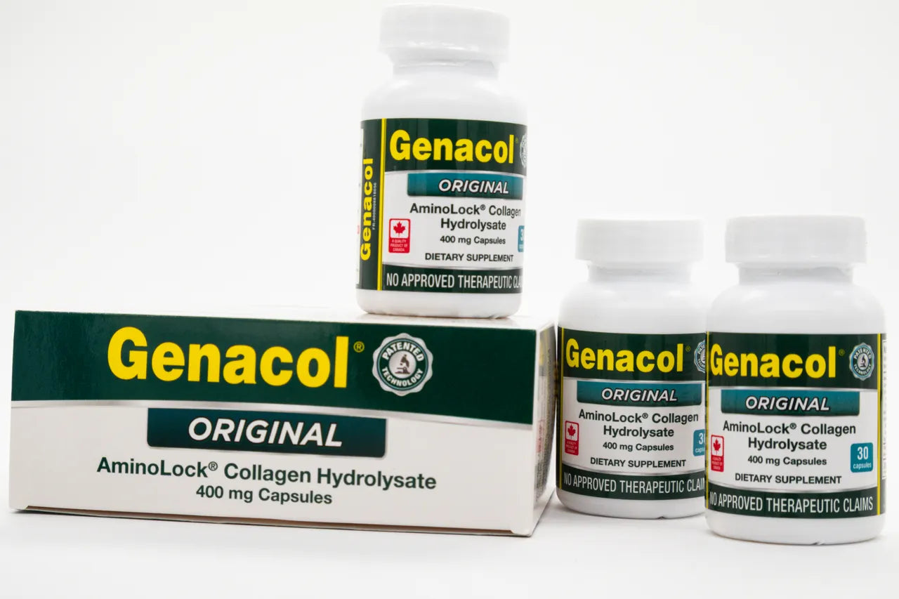 Genacol Original AminoLock Collagen Hydrolyzate bottles and packaging on a white background